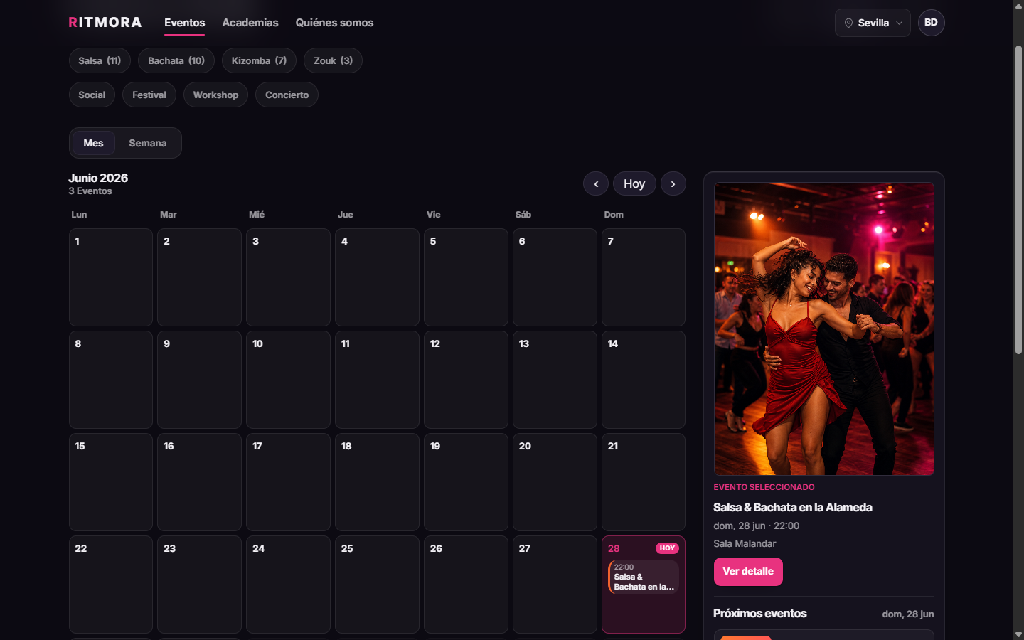 Vista de calendario de eventos en RITMORA, con los socials de la semana