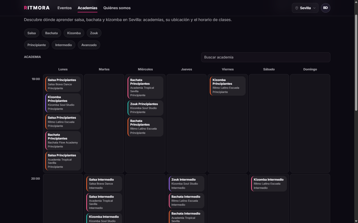 Vista de horario semanal de clases en RITMORA