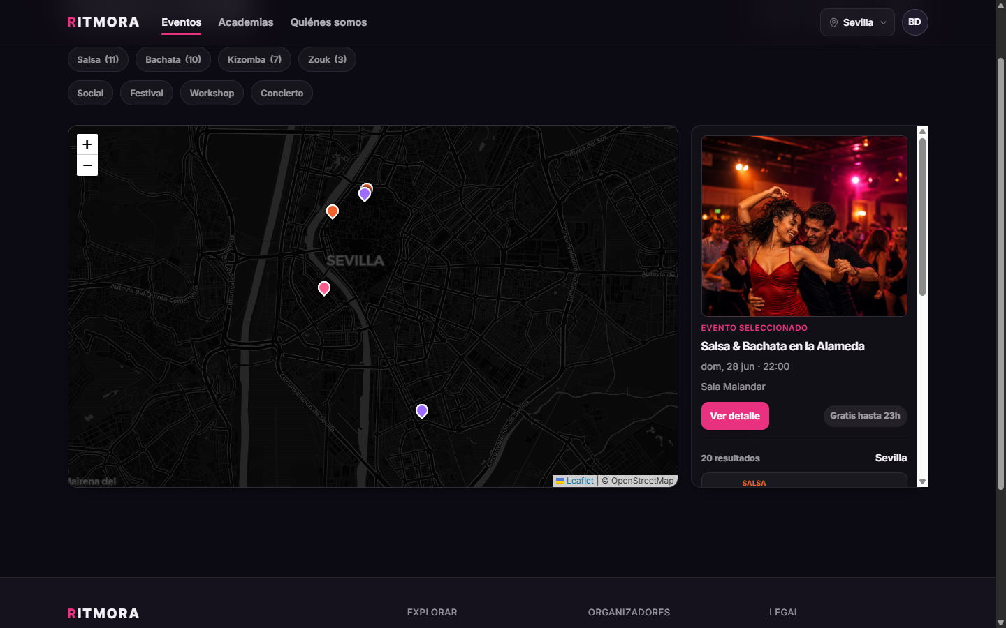 Vista de mapa de eventos en RITMORA, con los locales señalados por estilo